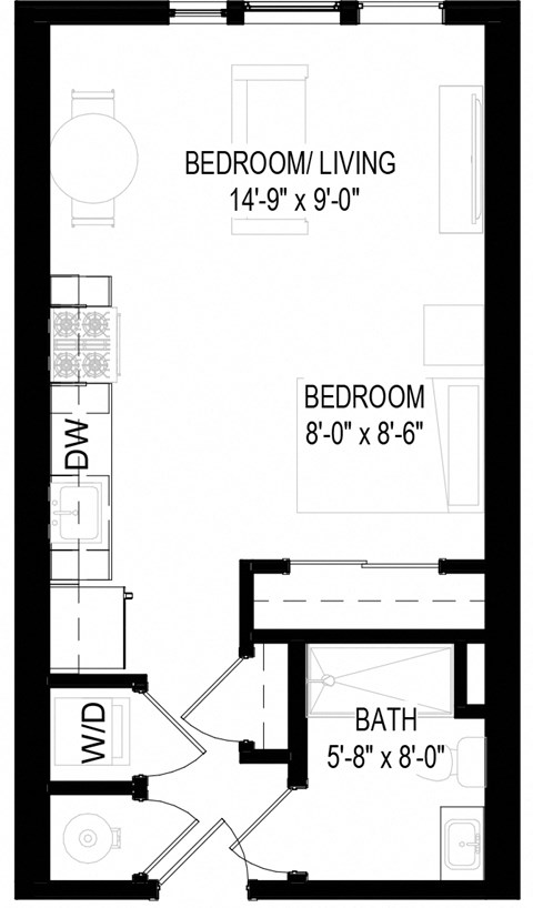 a floor plan of a small room with a bathroom and a desk